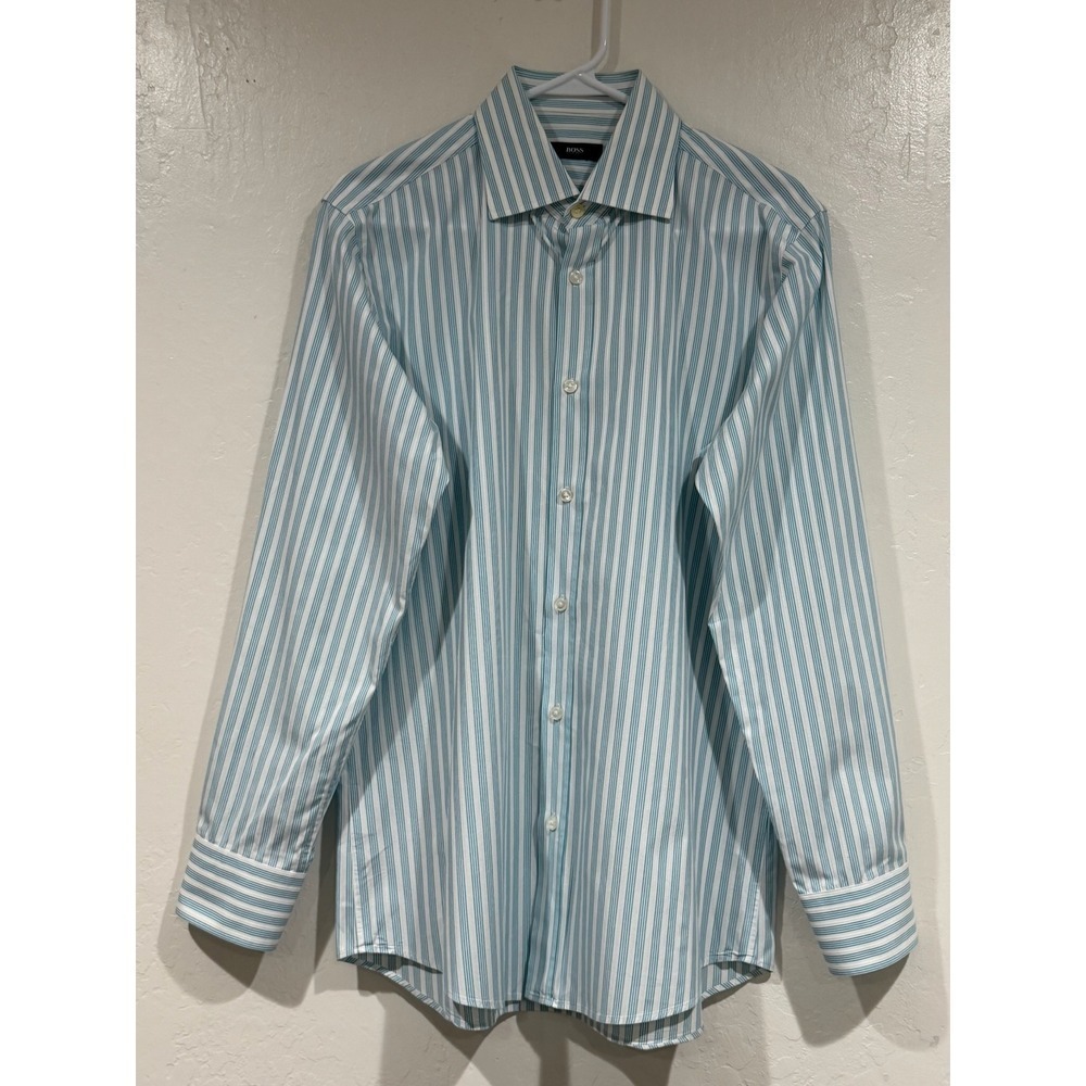 Hugo Boss Mens Teal White Striped Cotton Dress Shirt 15.5 32/33 Long Sleeve - Picture 2 of 12